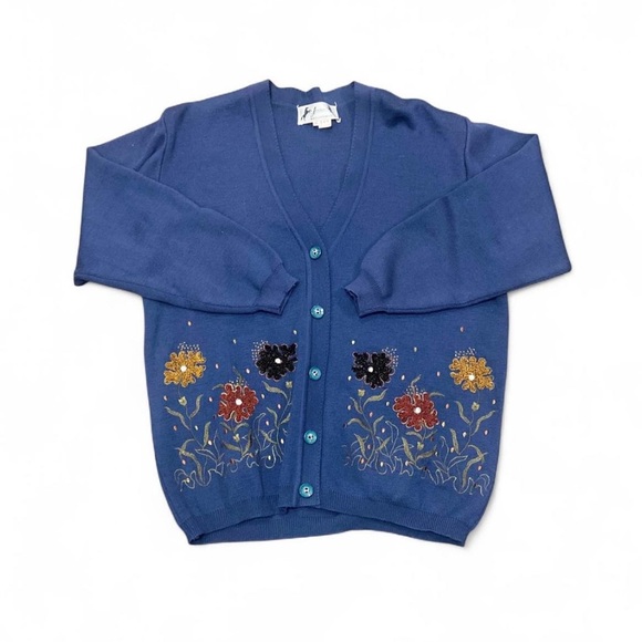 None Sweaters - Vintage Blue Floral Women's Cardigan